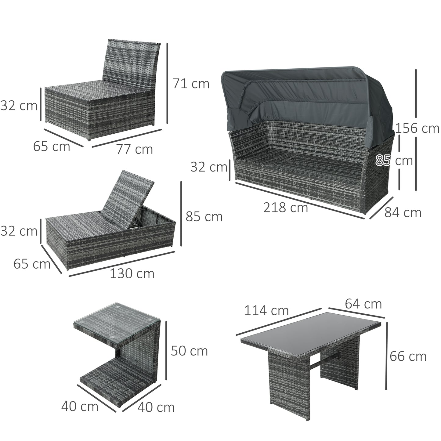 Outsunny Rattan Garden Sofa Set, 5-Seater Outdoor Furniture with Reclining Sofa, Adjustable Canopy & Side Table, Mixed Grey