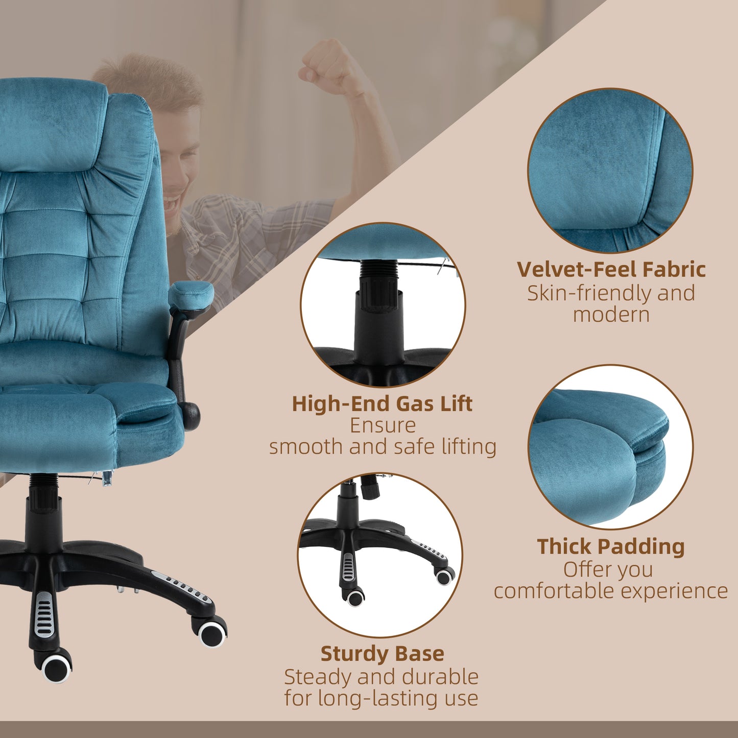 Vinsetto Heated Massage Recliner Chair, Velvet-Feel Fabric Office Chair with Six Massage Points, 360° Swivel Wheels, Blue | Chahine Milad UK