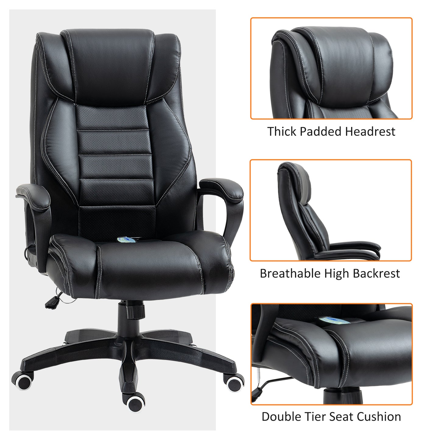 Vinsetto Executive High Back Office Chair with 6-Point Vibration Massage, Extra Padded Swivel, Ergonomic Tilt, Desk Seat, Black