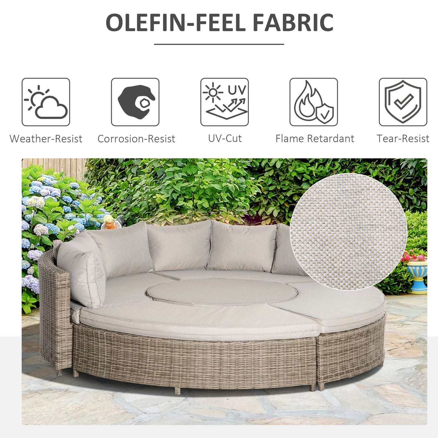 Outsunny 6-Seater Outdoor PE Rattan Patio Furniture Set Lounge Chair Round Daybed Liftable Coffee Table Conversation Set w/ Olefin Cushion, Grey