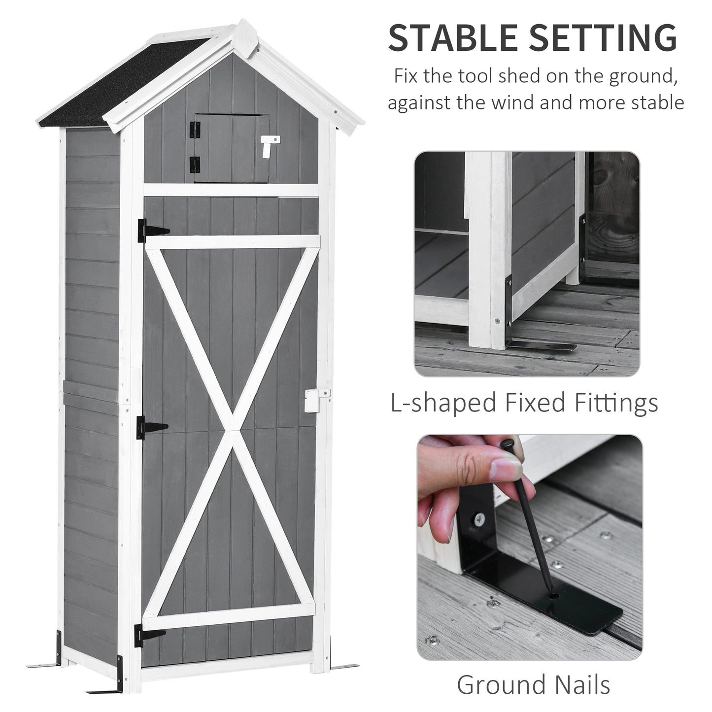 Outsunny Wooden Garden Storage Shed Multifunction Lockable Tool Cabinet Organizer w/ Workstation, 182 x 78 x 52.5 cm, Grey