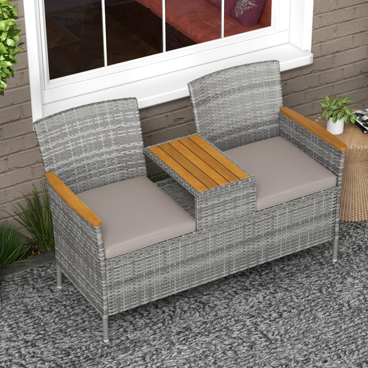 Outsunny Two-Seat Rattan Loveseat, with Wood-Top Middle Table - Grey