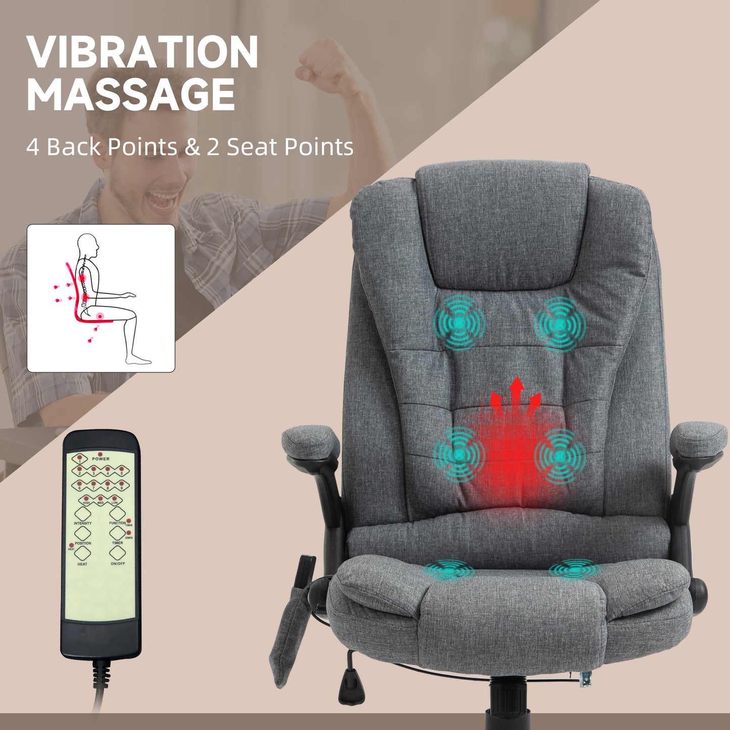 Vinsetto Massage Recliner Chair: Heated Office Seating with Six Massage Points, Linen-Feel Fabric, 360° Swivel Wheels, Grey