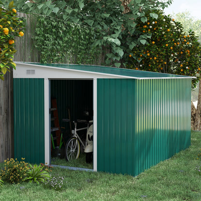 Outsunny Garden Metal Storage Shed Outdoor Metal Tool House with Double Sliding Doors and 2 Air Vents, 11.3x9.2ft, Green