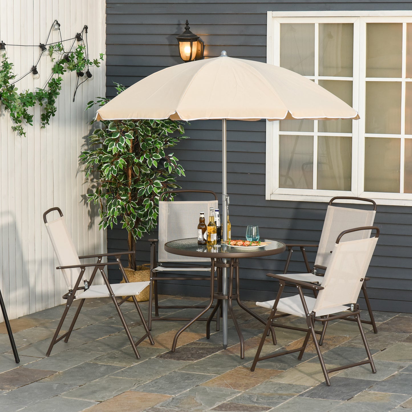 Outsunny Garden Patio Texteline Folding Chairs Plus Table and Parasol Furniture Bistro Set - Beige (6-Piece)