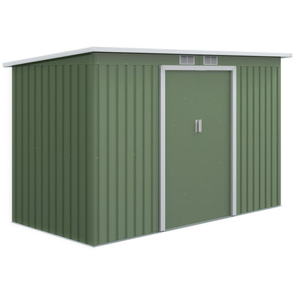 Outsunny 9 x 4.5 ft Pent Roof Metal Garden Storage Shed Corrugated Steel Tool Box with Foundation Ventilation & Doors, Light Green