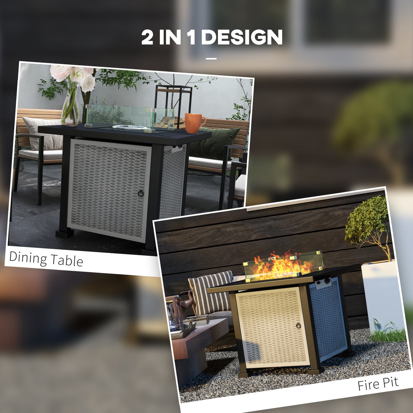 Outsunny Alfresco Ambiance: Rattan Gas Fire Pit Table, Smokeless with Glass Screen, Beads & Lid, Grey