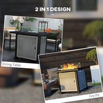 Outsunny Alfresco Ambiance: Rattan Gas Fire Pit Table, Smokeless with Glass Screen, Beads & Lid, Grey