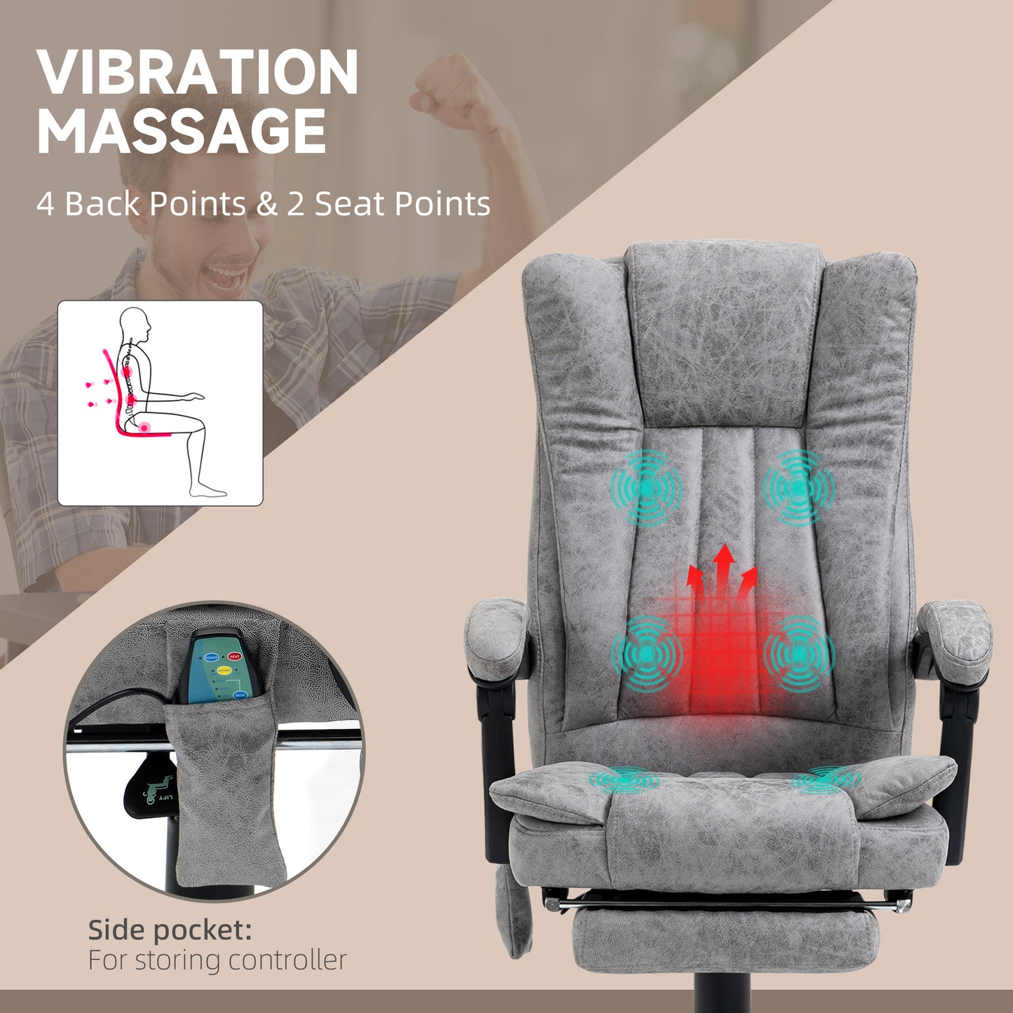 Vinsetto Vibrating Heat Massage Office Chair, Microfibre, Manual Footrest, High Back, Swivel, Grey