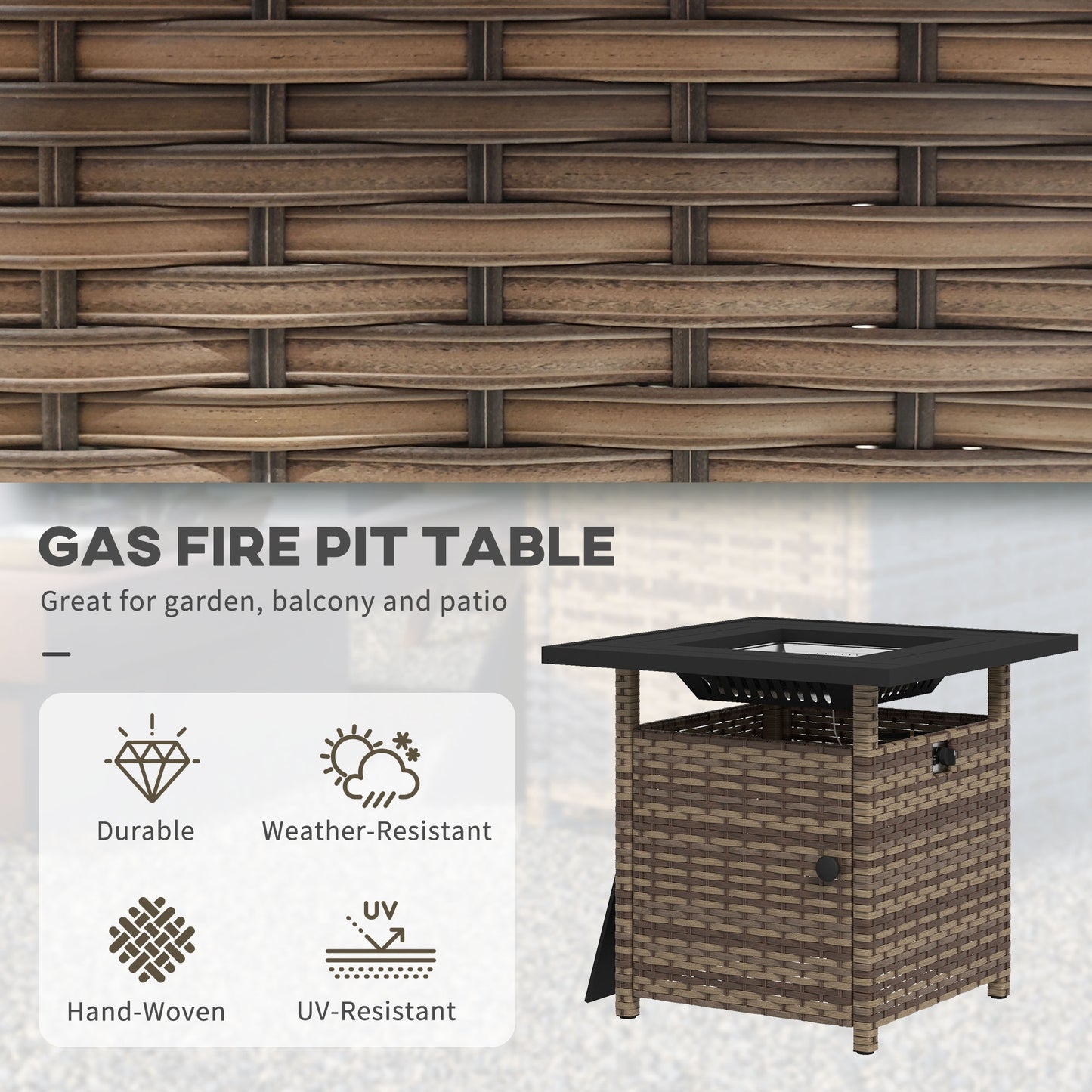 Outsunny Fire Pit Table, 72.5 x 72.5cm, 50,000 BTU, with Protective Cover, Outdoor Heating, Brown