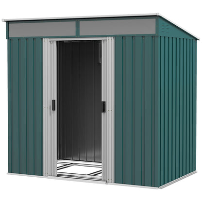 Outsunny 6.5 x 4FT Galvanised Metal Shed with Foundation, Lockable Tool Garden Shed with Double Sliding Doors and 2 Vents, Green