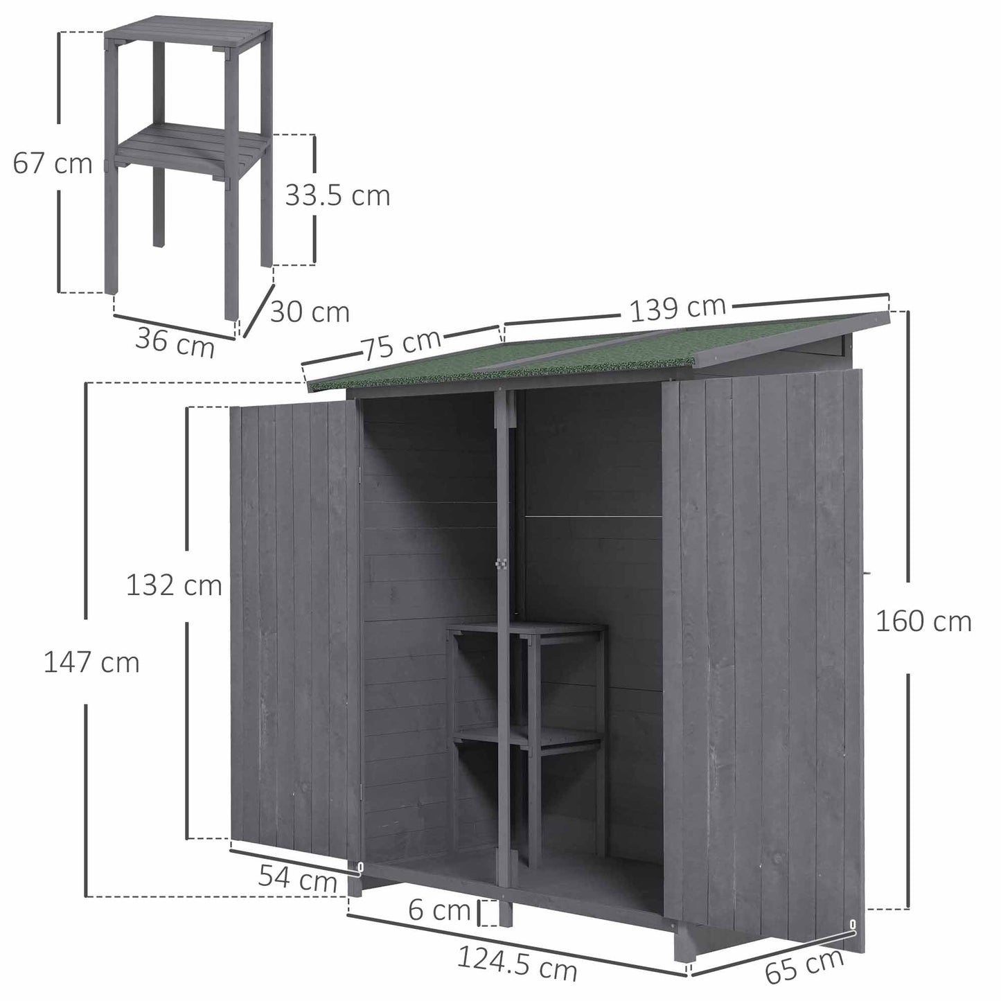 Outsunny Wooden Garden Storage Shed Lockable Tool Cabinet Organizer w/ Storage Table, Double Door, 139 x 75 x 160 cm, Grey