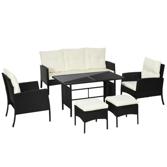 Outsunny 5 Seater Rattan Garden Furniture Set Wicker Sofa Armchairs Footstools and Glass Table Patio Rattan Sofa Sets with Cushions, Black