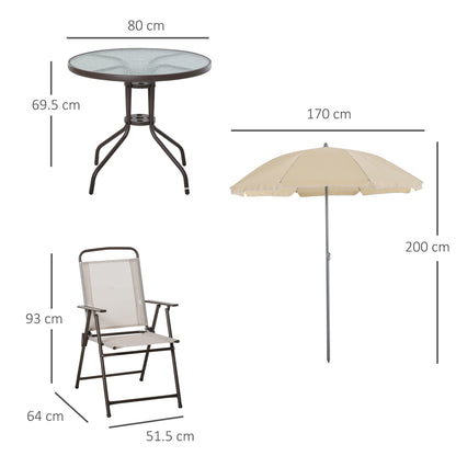 Outsunny Garden Patio Texteline Folding Chairs Plus Table and Parasol Furniture Bistro Set - Beige (6-Piece)