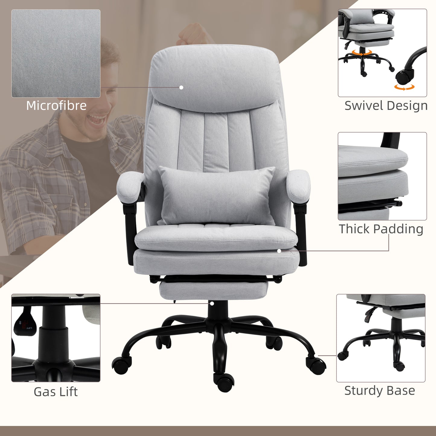 Vinsetto Massage and Heat Office Chair, Microfibre Reclining Computer Chair with Footrest, Lumbar Support, Armrest, Grey