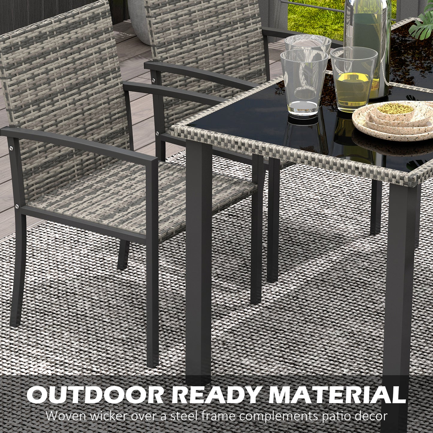 Outsunny Outdoor Dining Set 5 Pieces Patio Conservatory with Tempered Glass Tabletop,4 Dining Chairs - Mixed Grey