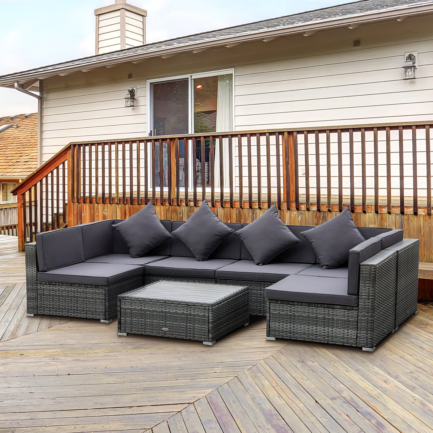 Outsunny 7 Pieces Patio Wicker Sofa Set, Outdoor PE Rattan Sectional Furniture Set w/ Acacia Table Top & Cushion for Garden, Backyard, Grey