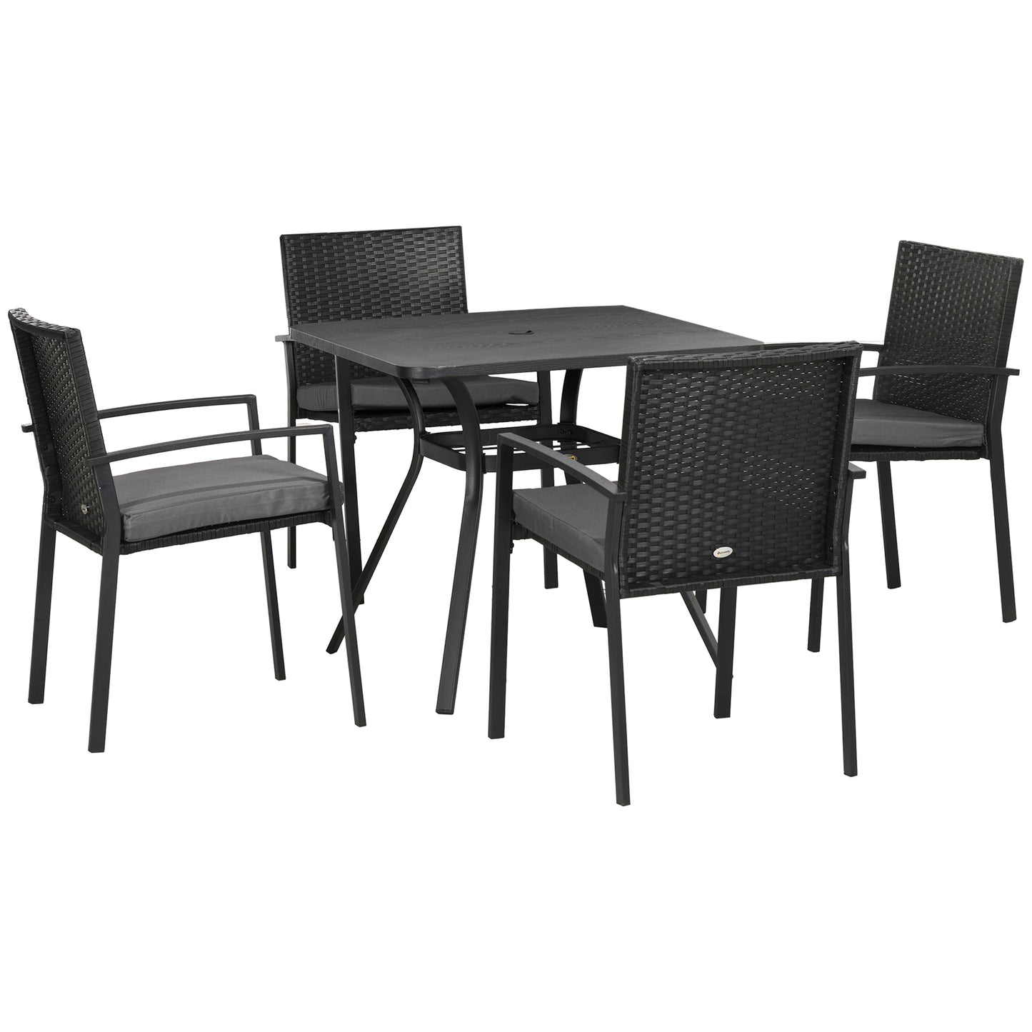 Outsunny 4 Seater Rattan Garden Furniture Set 5 Pieces Outdoor Dining Set with Cushions, Umbrella Hole - Black