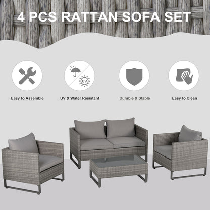 Outsunny 4-Seater PE Rattan Garden Furniture Wicker Dining Set w/ Glass Top Table, Cushions, Light Grey