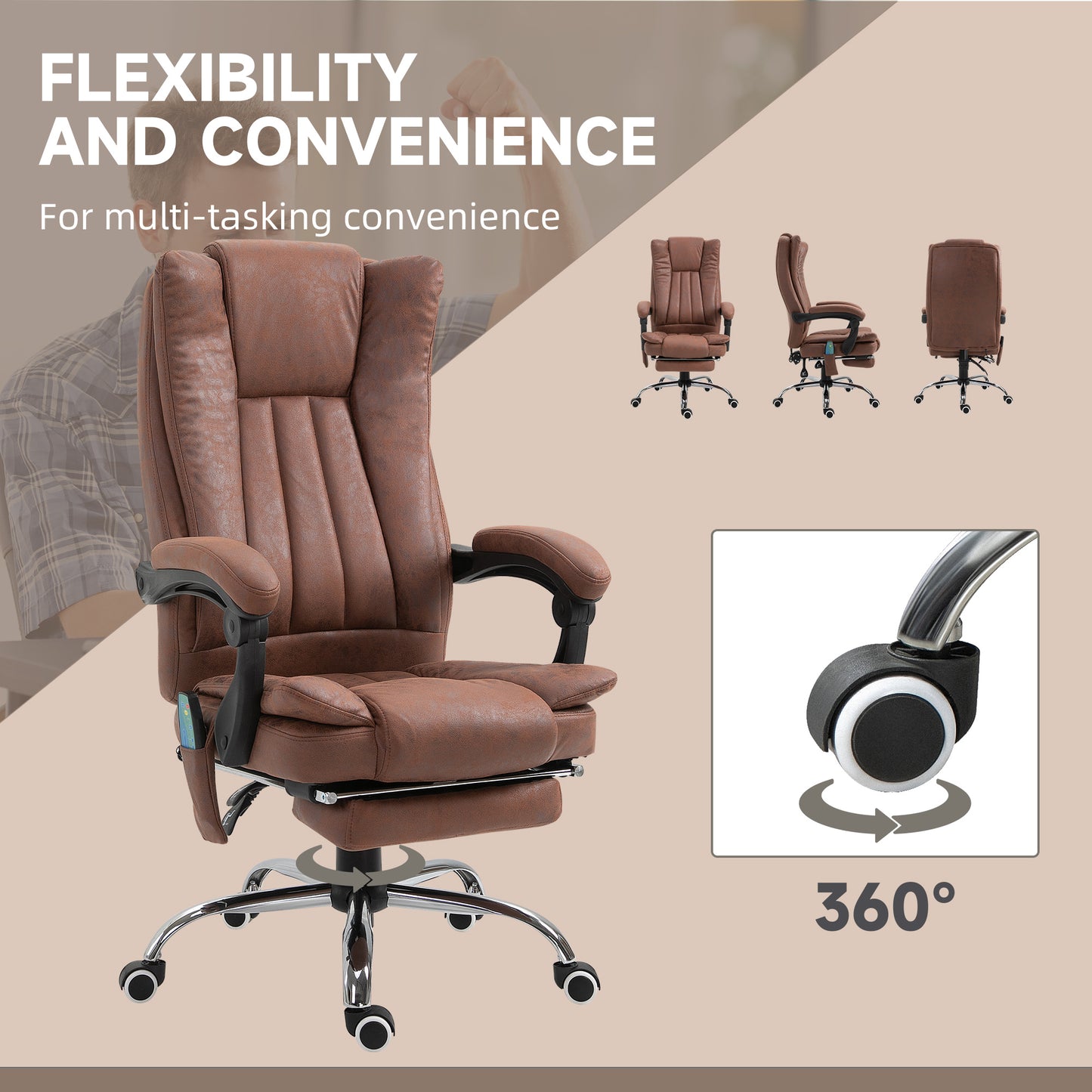 Vinsetto High Back Vibration Massage Office Chair, Heated Reclining Leathaire Fabric Computer Chair with Footrest, Brown