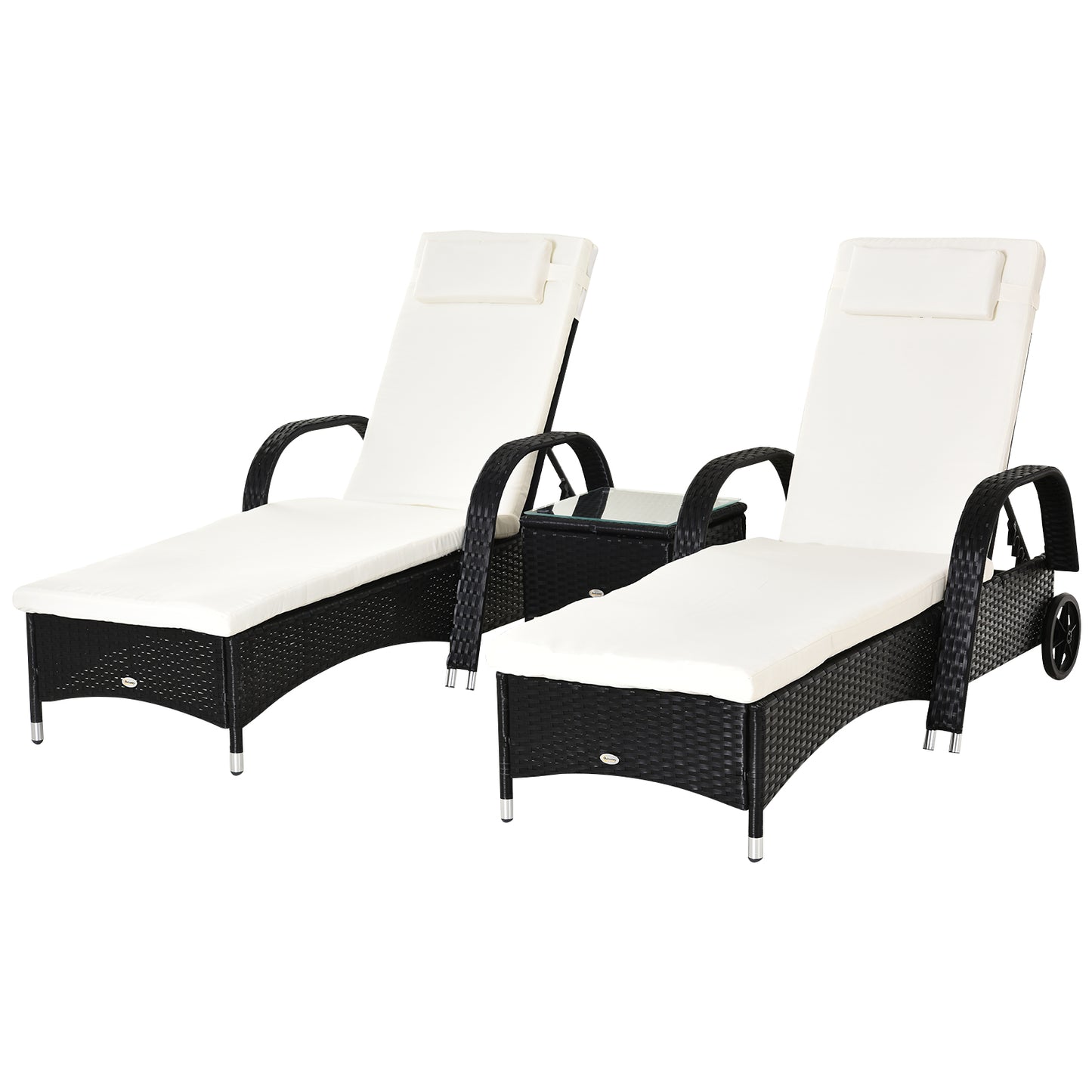 Outsunny 3 Pieces Patio Lounge Chair Set Garden Wicker Wheeling Recliner Outdoor Daybed, PE Rattan Lounge Chairs w/ Cushions & Side Coffee Table Black