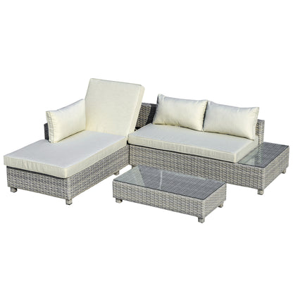 Outsunny 3 Pieces Outdoor PE Rattan Furniture Set, with Chaise Lounge, Sofa and Table, 4-Level Adjust Backrest Chaise Lounge, Mixed Grey | Chahine & Milad UK