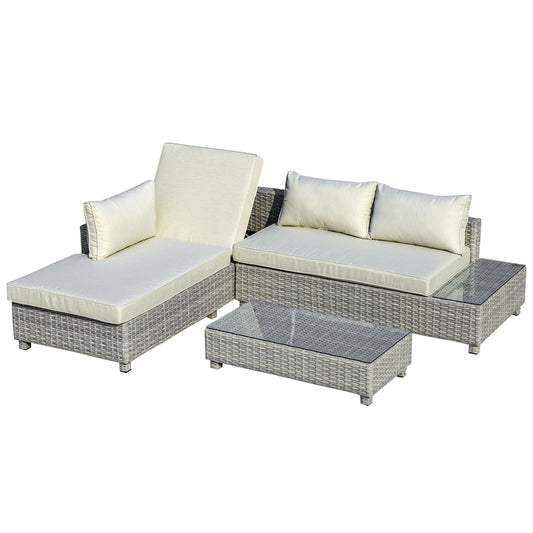 Outsunny 3 Pieces Outdoor PE Rattan Furniture Set, with Chaise Lounge, Sofa and Table, 4-Level Adjust Backrest Chaise Lounge, Mixed Grey | Chahine & Milad UK