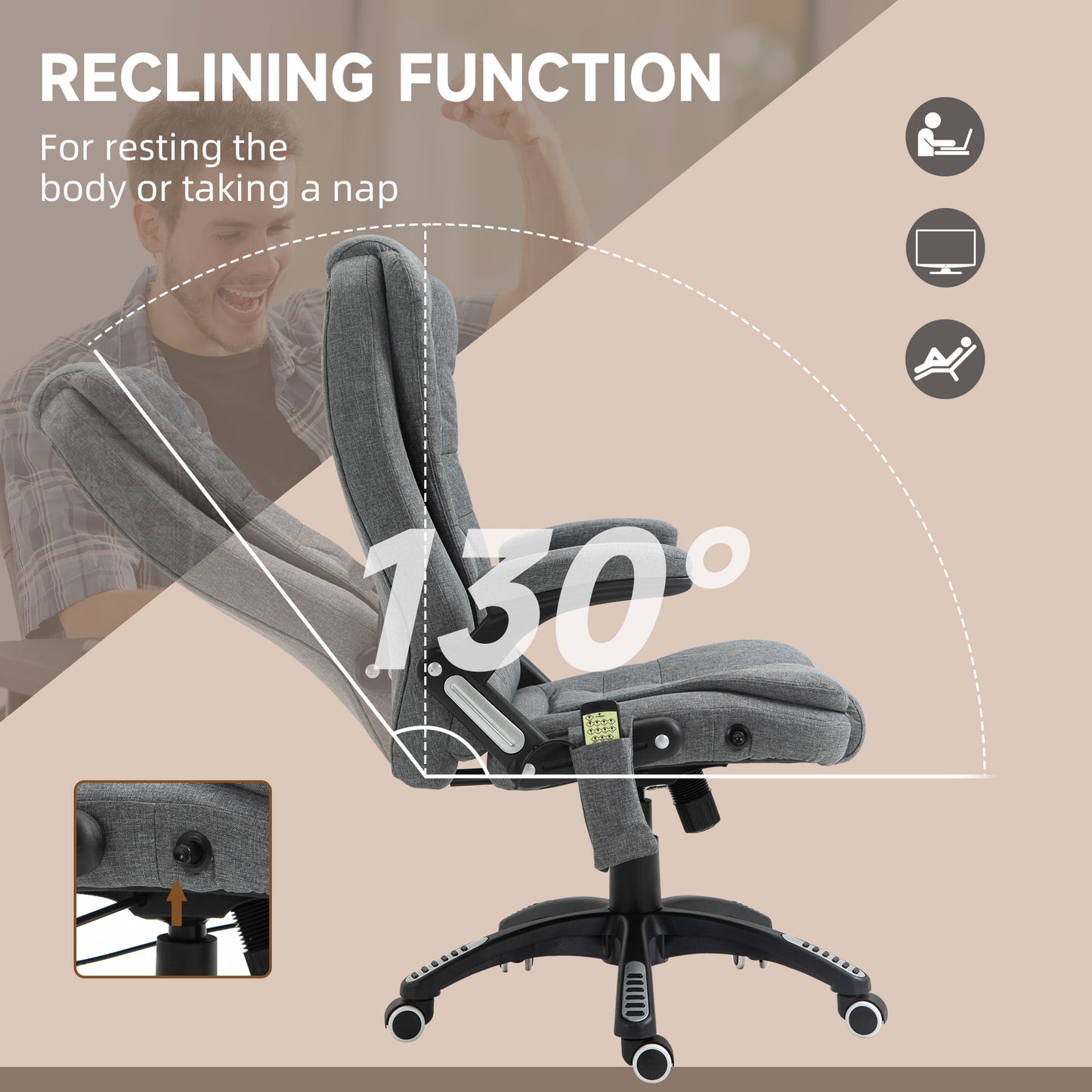 Vinsetto Massage Recliner Chair: Heated Office Seating with Six Massage Points, Linen-Feel Fabric, 360° Swivel Wheels, Grey