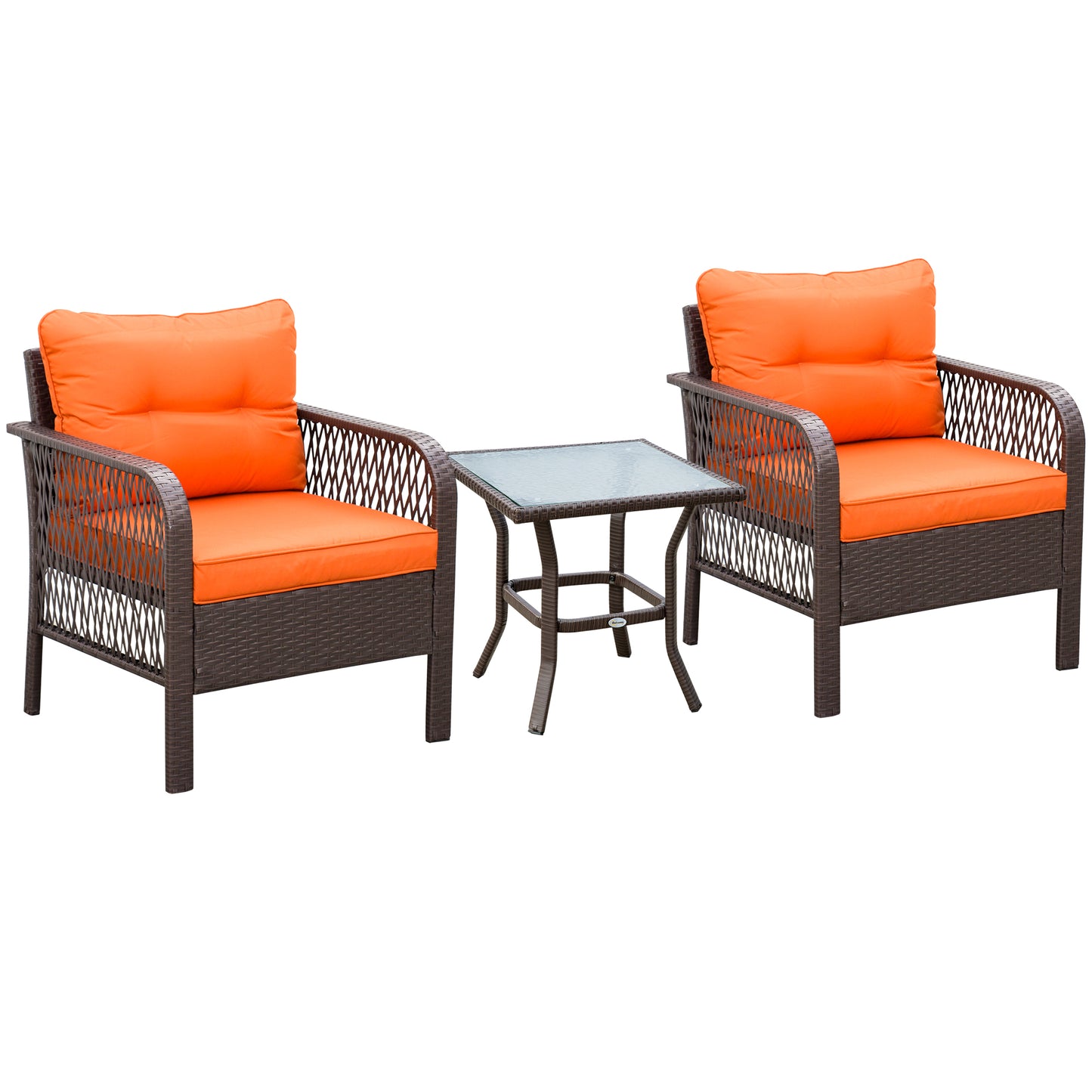 Outsunny 3 Pieces Patio PE Rattan Bistro Set, Outdoor Wicker Coffee Table Armrest Chairs Thick Padded Conversation Furniture for Garden Orange