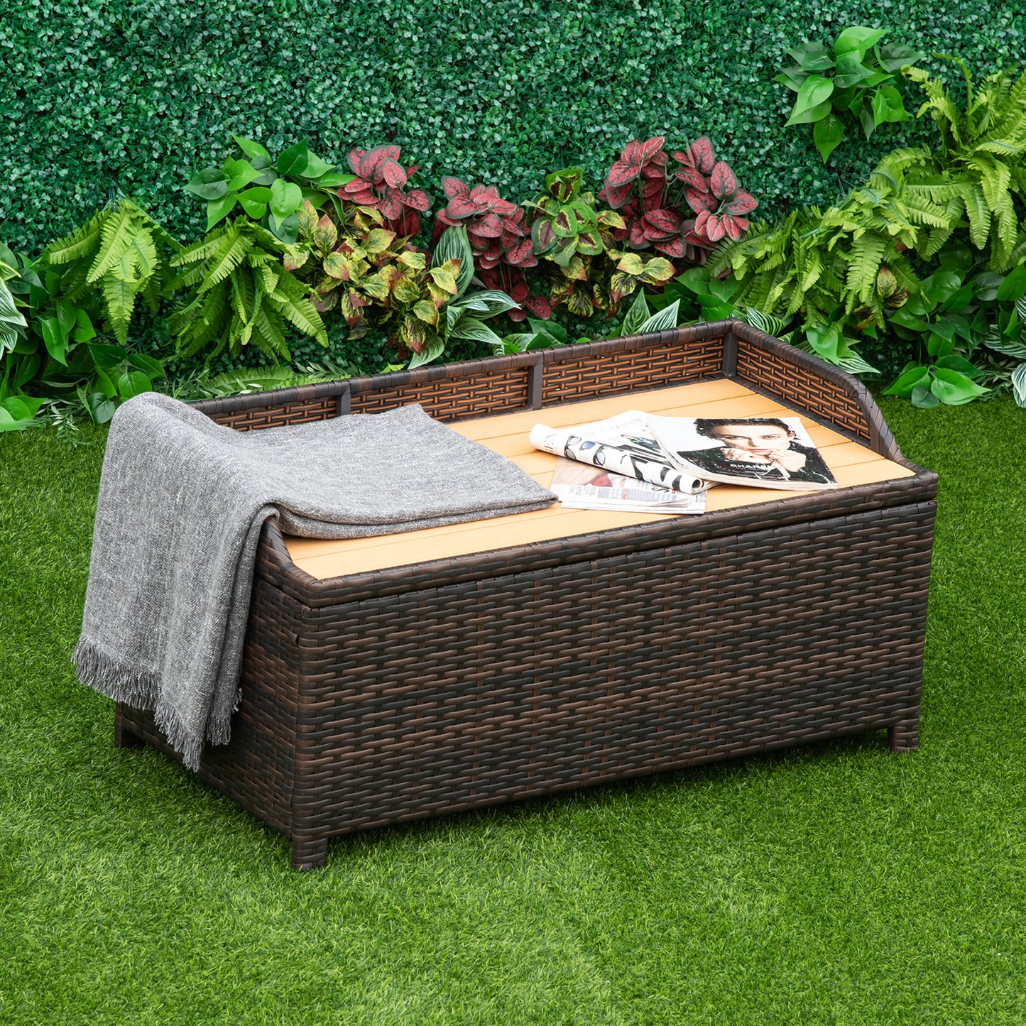 Outsunny Waterproof Rattan Wicker Outdoor Storage Bench with Cushion, Brown, Patio PE Rattan, Elegant Seating and Storage Solution