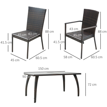 Outsunny 6-Seater Rattan Dining Set | 6 Wicker Weave Chairs & Tempered Glass Top Dining Table 6 Seater Outdoor Backyard Garden Furniture, Brown