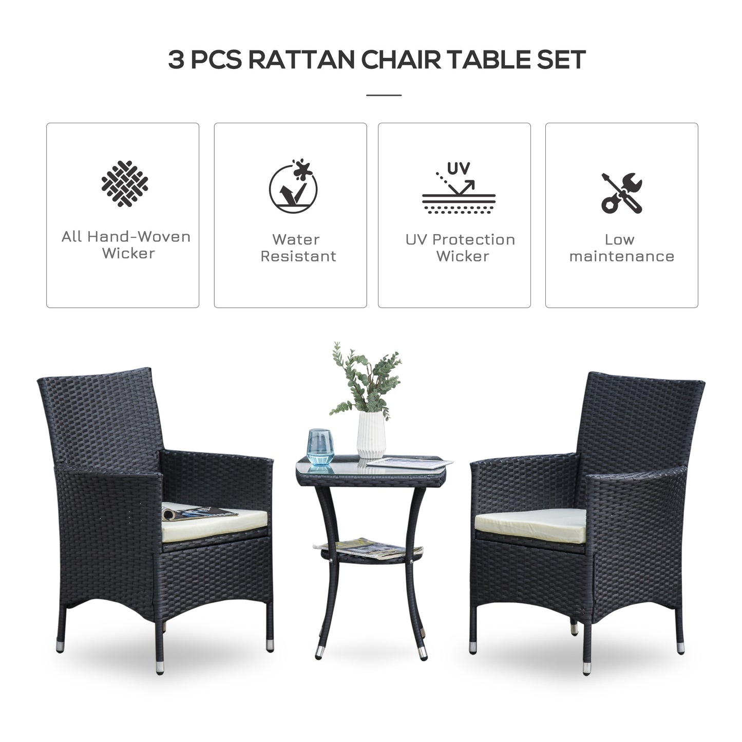 Outsunny Rattan Bistro Set, 3 Piece Garden Furniture with Weave Companion Chairs and Table, Conservatory Patio Set, Black