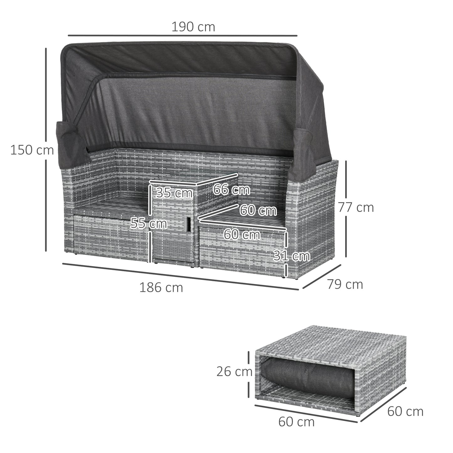 Outsunny 3 Pieces Outdoor PE Rattan Patio Furniture Set Daybed 2-Seater Sofa Footstool Tempered Glass Coffee Table Conversation Set, Olefin Cushion