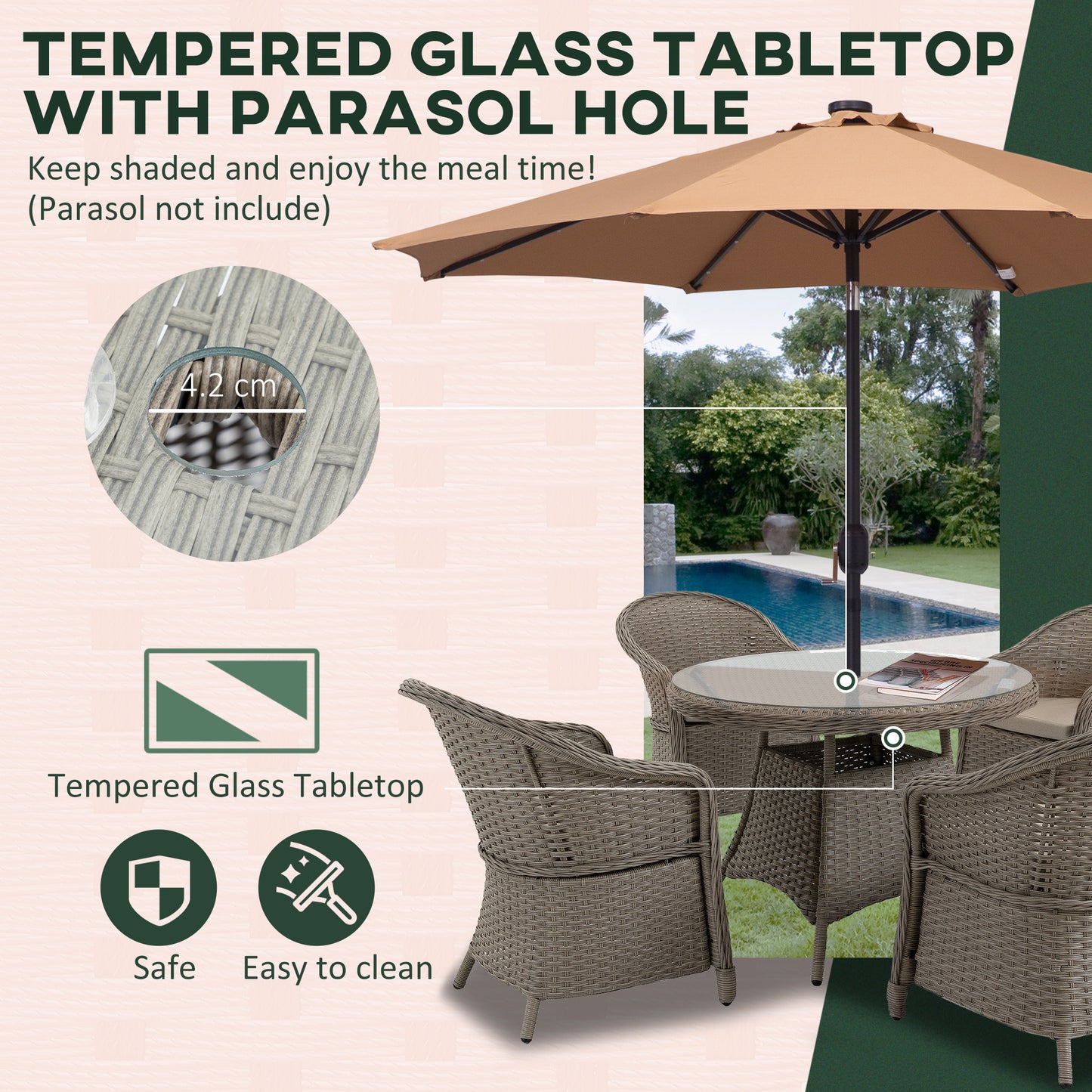 Outsunny 5 Pieces Outdoor Patio PE Rattan Dining Set, Four Seater Garden Furniture - 4 Chairs & Round Table w/ Umbrella Hole, Mixed Grey