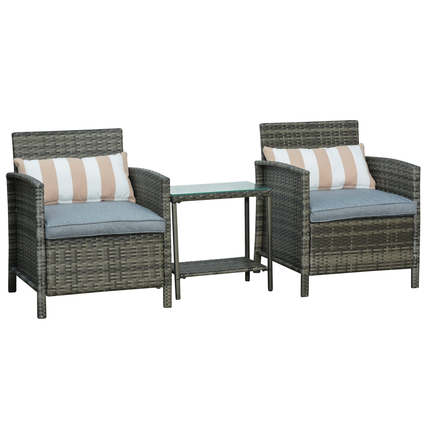 Outsunny Garden Rattan Furniture 3 Pieces Patio Bistro Set Wicker Weave Conservatory Sofa Chair & Table Set with Cushion Pillow - Grey