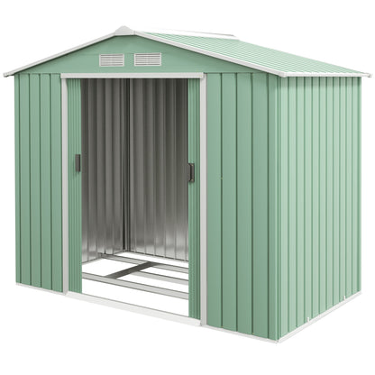 Outsunny 7ft x 4ft Lockable Garden Metal Storage Shed Large Patio Roofed Tool Storage Building Foundation Sheds Box, Light Green