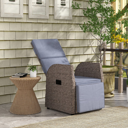 Outsunny Outdoor PE Rattan Leisure Chair with Cushion, Hand-Woven PE Rattan Recliner Garden Chair with Adjustable Back and Footrest, Patio Deck Chair with Side Table, Brown