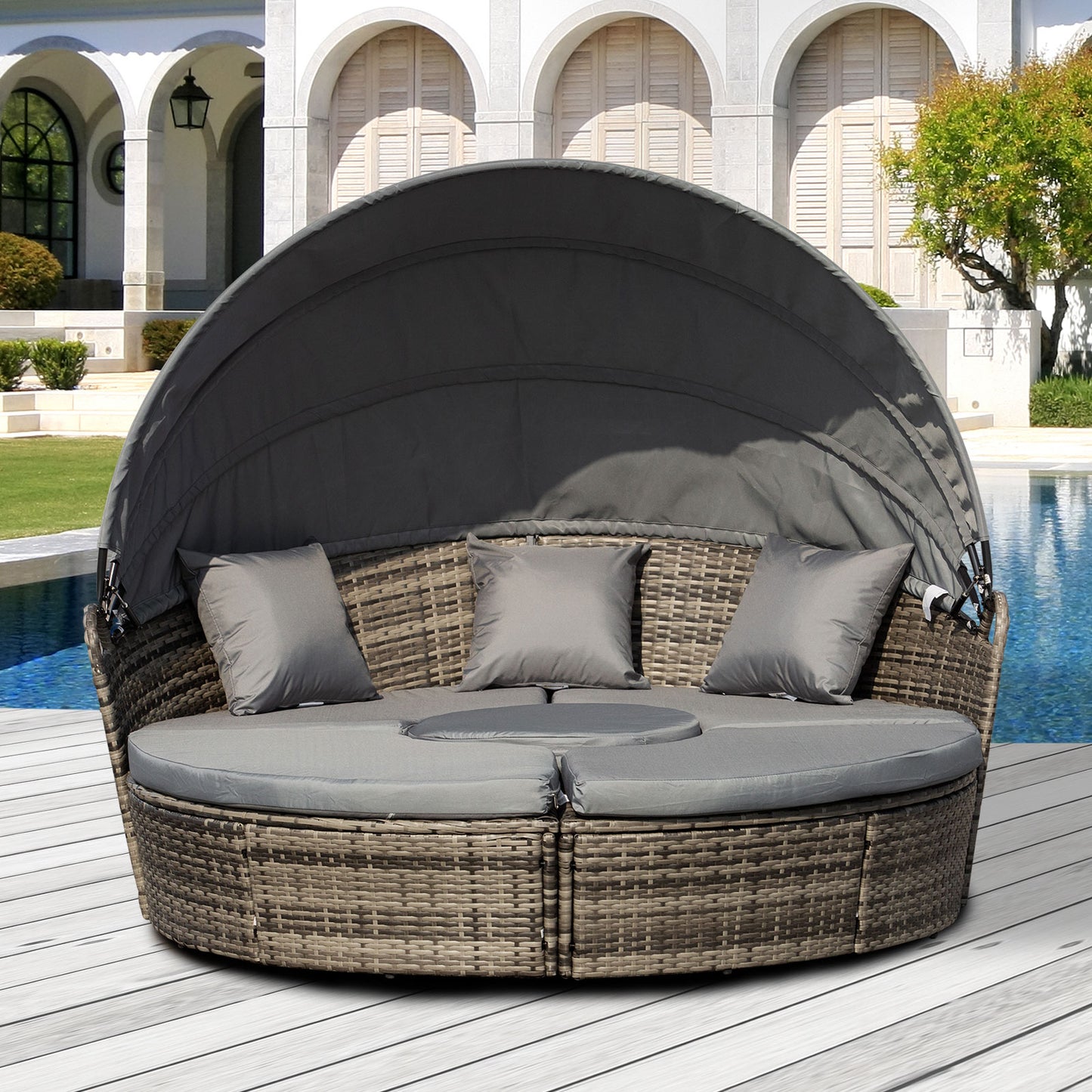 Outsunny Rattan Garden Furniture Cushioned Wicker Round Sofa Bed with Coffee Table Patio Conversation Furniture Set - Grey