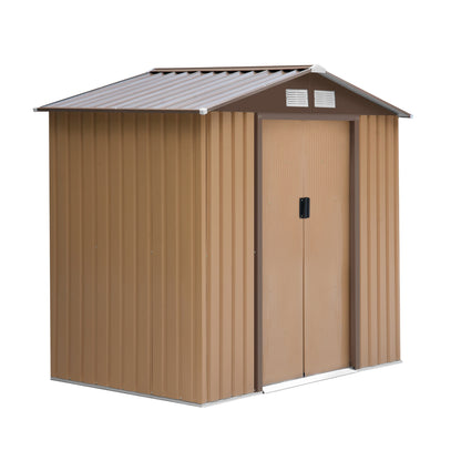 Outsunny 7 x 4 ft Lockable Garden Shed Large Patio Roofed Tool Metal Storage Building Foundation Sheds Box Outdoor Furniture, Yellow