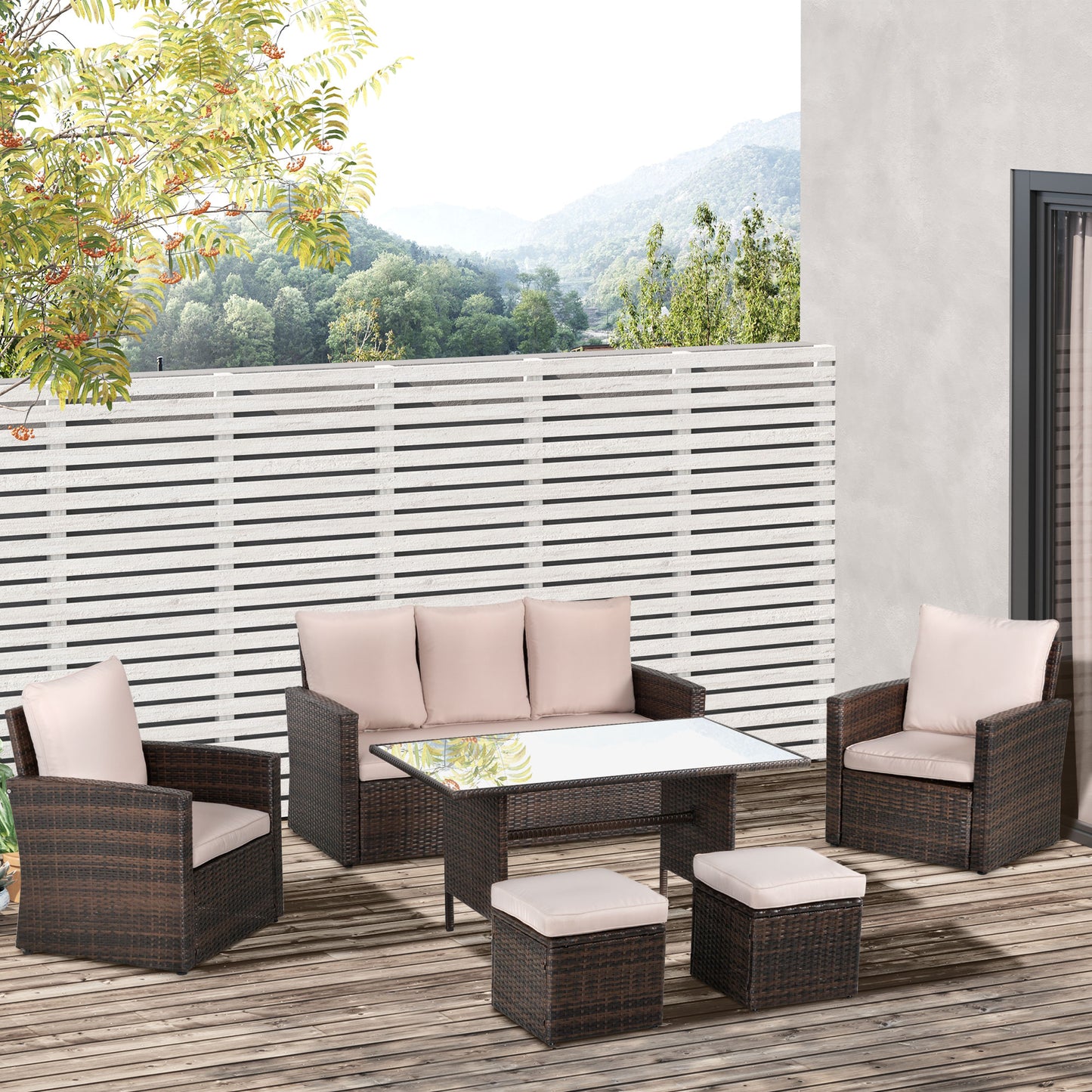 Outsunny 6 PCS Outdoor Patio PE Rattan Wicker Tempered Glass Dining Table Sets for Garden Backyard w/ Cushions & Mixed Brown