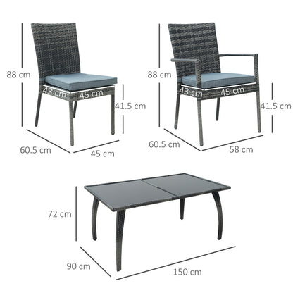 Outsunny 6-Seater Garden Dining Set Steel Frame PE Rattan Wicker w/ 6 Chairs Large Table Glass Top Curved Legs Feet Pads Thick Cushions Suitable Grey