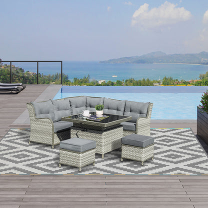 Outsunny 7-Seater Patio PE Rattan Corner Sofa w/ Adjustable Convertible Rising Table, Wicker Sectional Conversation Furniture w/ Cushions, Grey