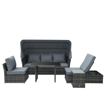 Outsunny Rattan Garden Sofa Set, 5-Seater Outdoor Furniture with Reclining Sofa, Adjustable Canopy & Side Table, Mixed Grey