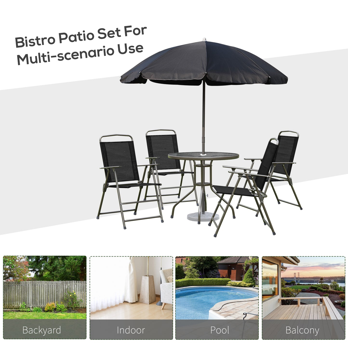 Outsunny 6 PCs Garden Patio Furniture Set Bistro Set Texteline Folding Chairs +Table +Parasol (Black)