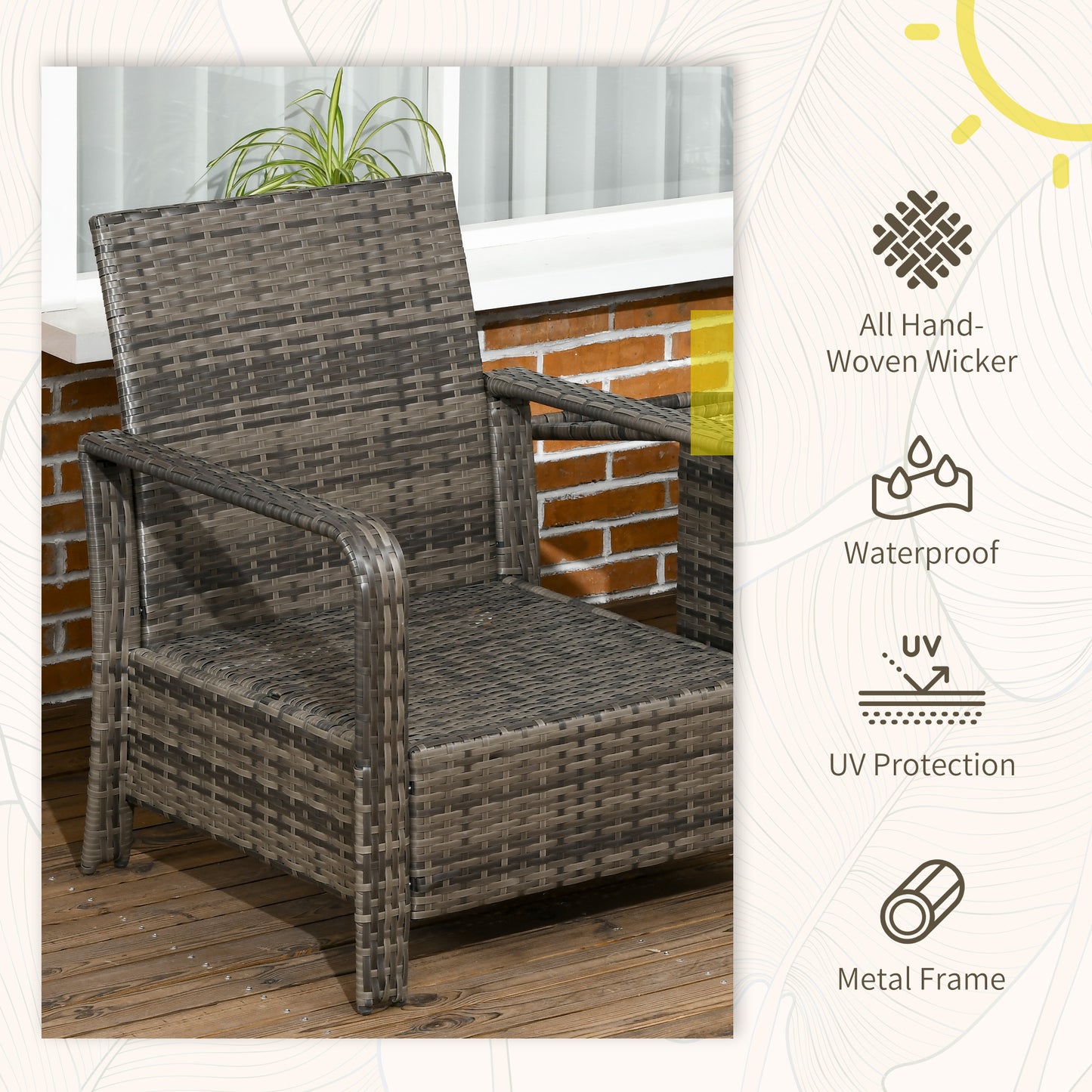 Outsunny 3 pcs PE Rattan Wicker Garden Furniture Patio Bistro Set Weave Conservatory Sofa Storage Table and Chairs Set Blue Cushion Grey Wicker