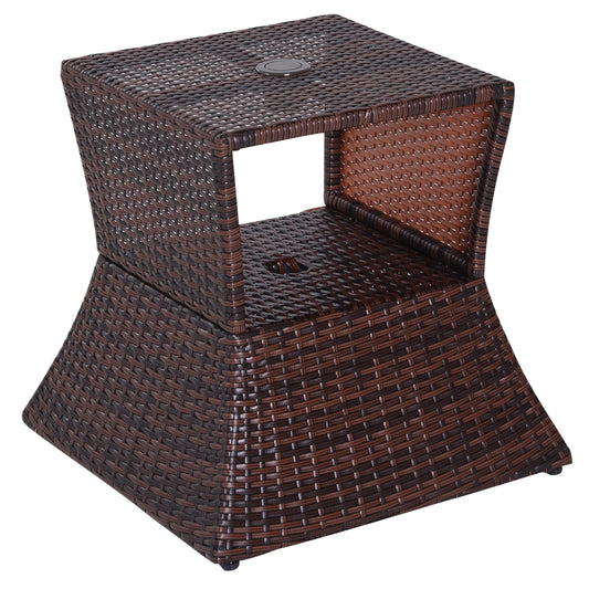 Outsunny Outdoor Patio Rattan Wicker Coffee Table Bistro Side Table w/ Umbrella Hole and Storage Space, Brown