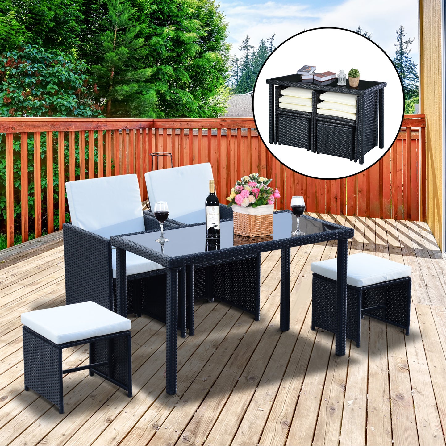 Outsunny 4-Seater Rattan Garden Furniture Space-saving Wicker Weave Sofa Set Conservatory Dining Table Table Chair Footrest Cushioned Black