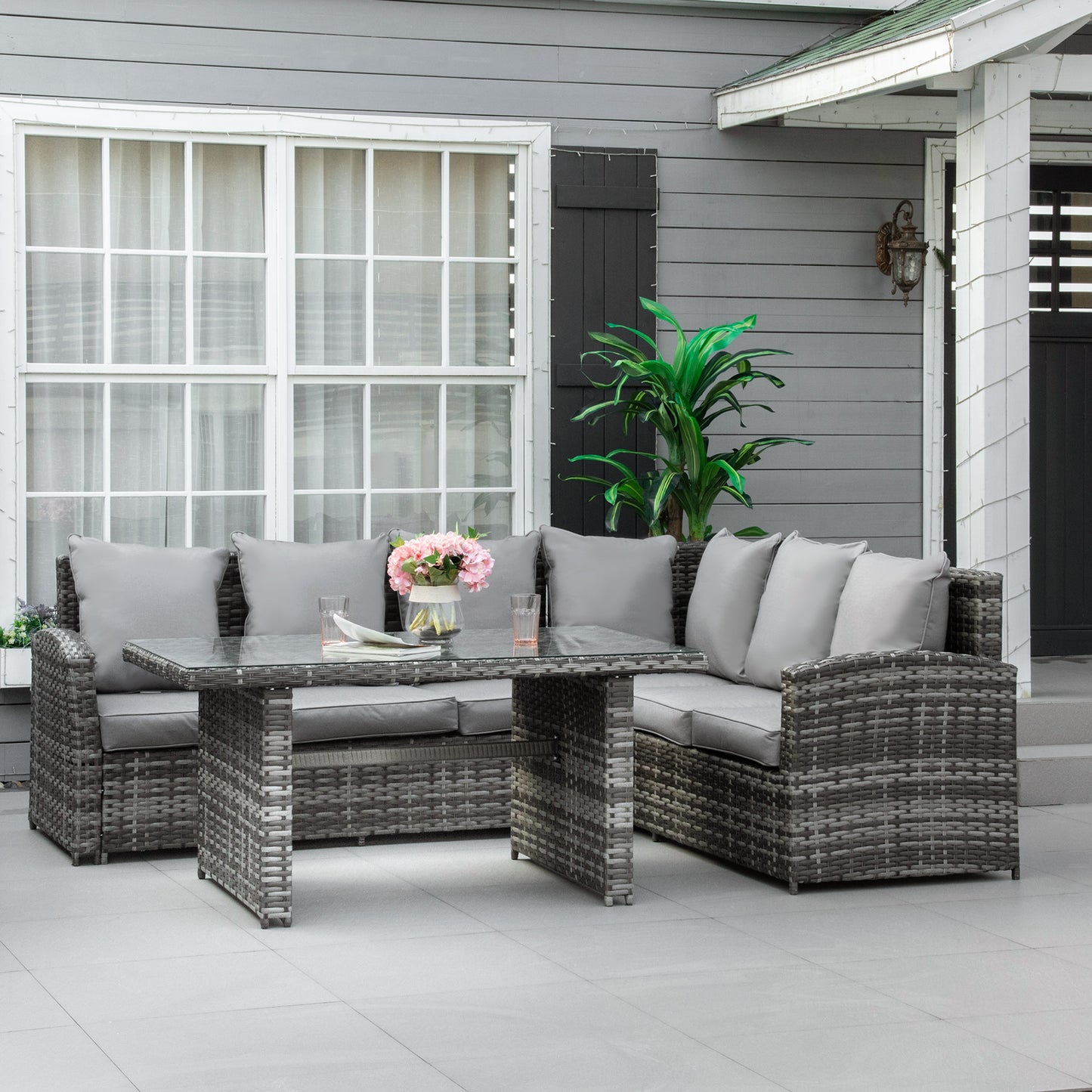 Outsunny 6-Seater PE Rattan Corner Dining Set Outdoor Garden Patio Sofa Table Furniture Set w/ Cushions, Grey