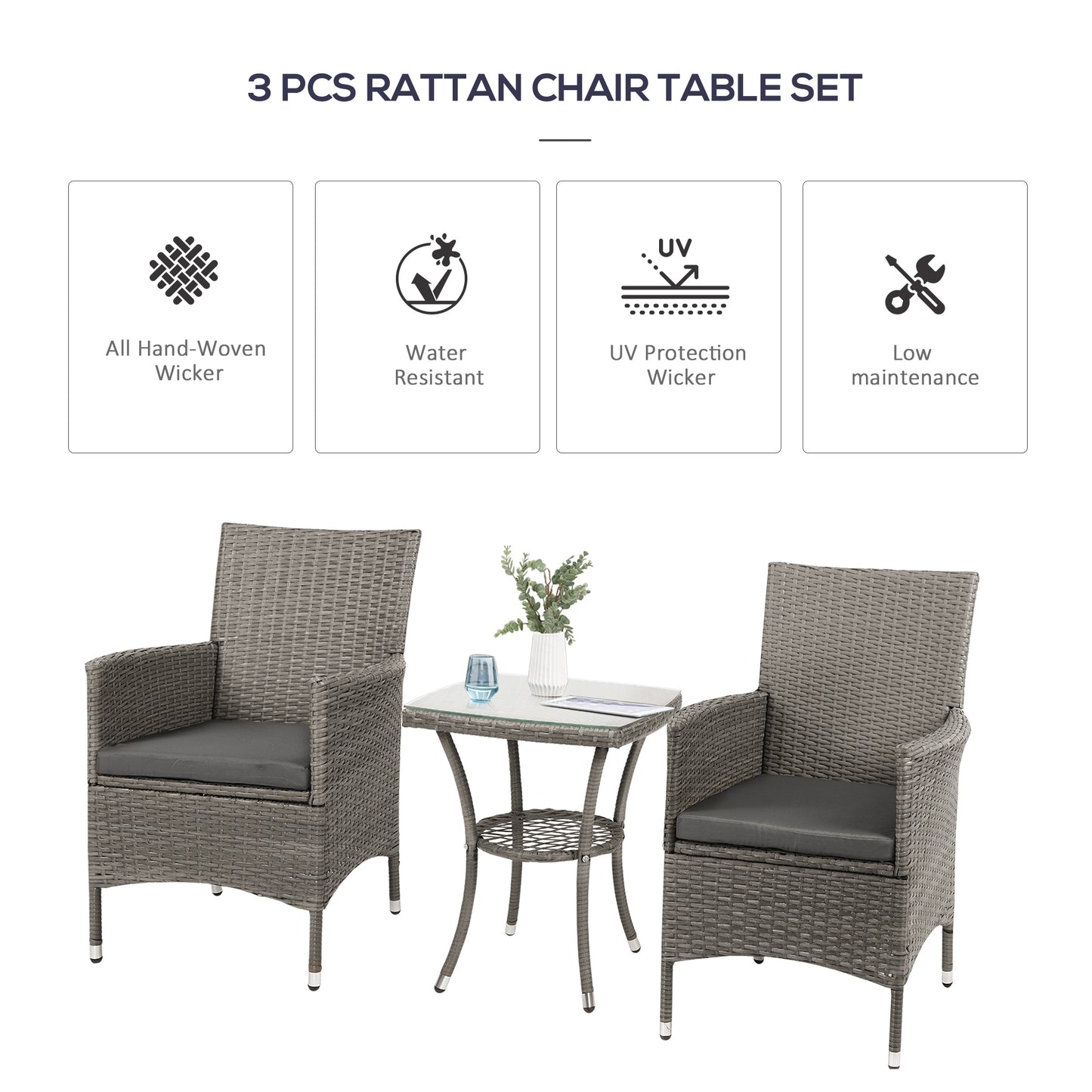 Outsunny Three-Piece Rattan Bistro Set,with Cushions, Garden Furniture,Wicker Weave Conservatory Companion, Chair Table Set - Grey