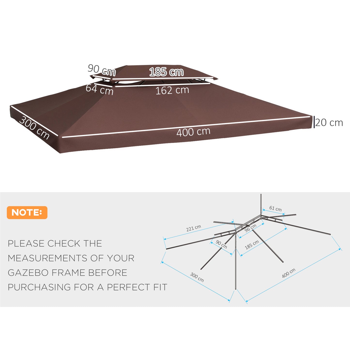 Outsunny 3x4m Gazebo Replacement Roof Canopy 2 Tier Top UV Cover Garden Patio Outdoor Sun Awning Shelters Brown (TOP ONLY)